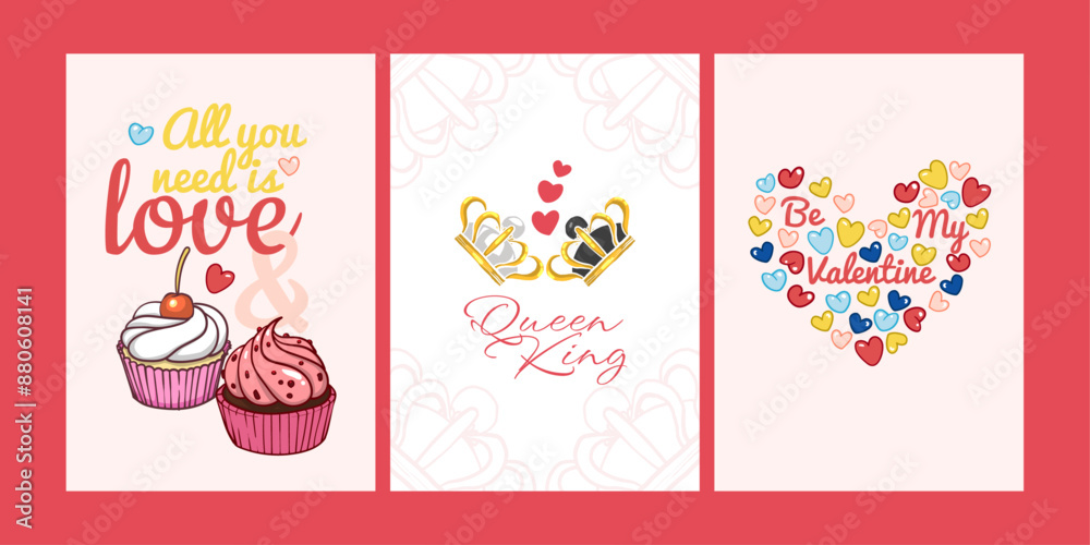 Valentine's Day designs in A4 format with cupcakes, crowns and hearts. Hand drawn vector illustration. Easy to edit vector format for cards, invitations, visuals. Valentine's Day designs in A4 format with cupcakes, crowns and hearts. Hand drawn vector illustration. Easy to edit vector format for cards, invitations, visuals.