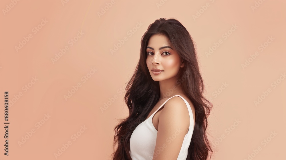 An Indian woman with long hair in posing for the camera on a light peach background skincare concept