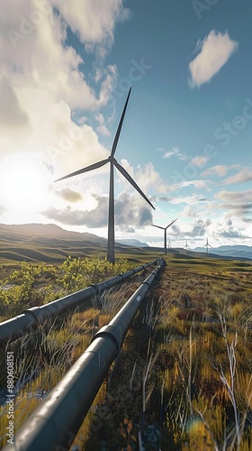 Wind turbines generating electricity in a field, with pipelines transporting natural gas or oil in the foreground, symbolizing the transition to renewable energy sources