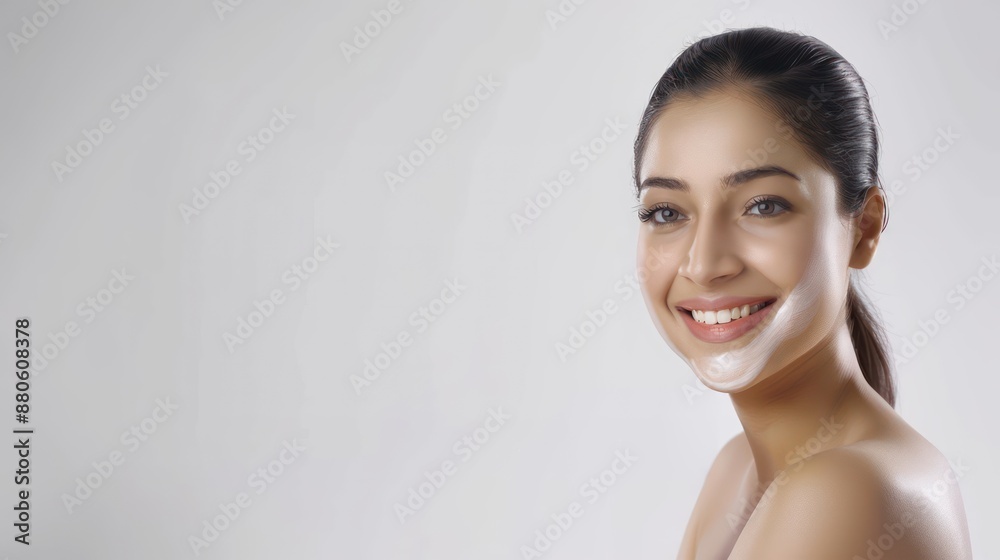 An Indian woman with clean and healthy skin is smiling and touching her face on a white background skincare concept An Indian woman with clean and healthy skin is smiling and touching her face on a white background skincare concept