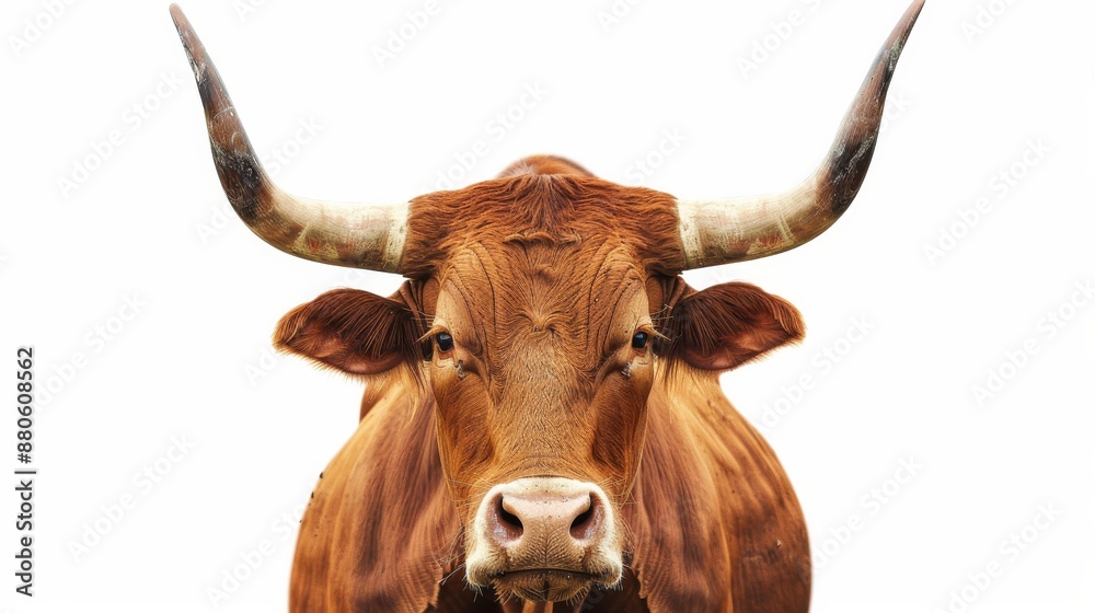 Naklejka premium Powerful brown bull with impressive horns stands proudly against a white background, captivating gaze drawing you in