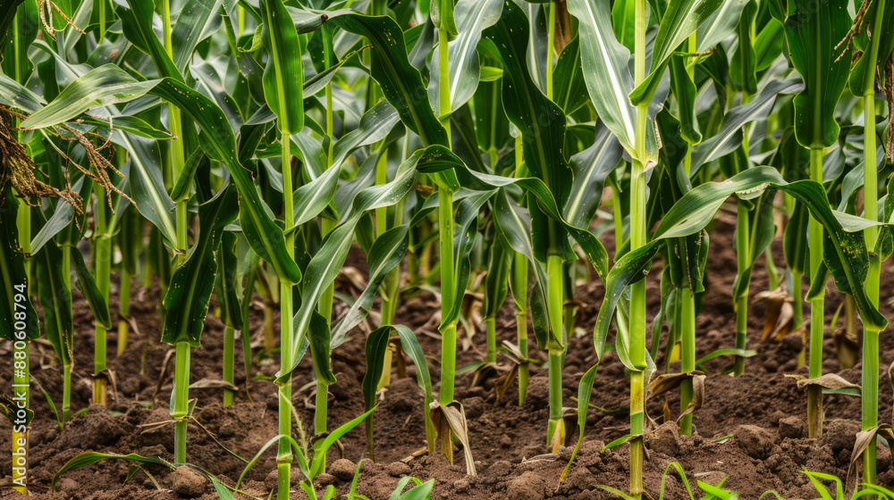 Closeup of corn plants growing in a field. Nature and agriculture background for design and print. Design for poster, wallpaper, banner. Closeup of corn plants growing in a field. Nature and agriculture background for design and print. Design for poster, wallpaper, banner.