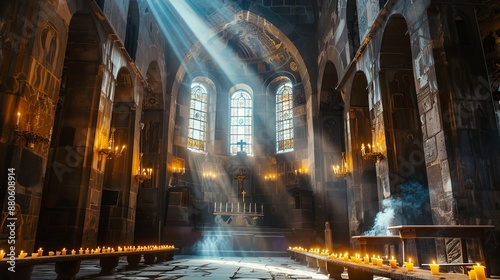 An old Armenian Christian church with sunbeams pouring in from the windows, illuminating the burning candles inside. It represents faith, history, architecture, travel, and religious traditions. photo