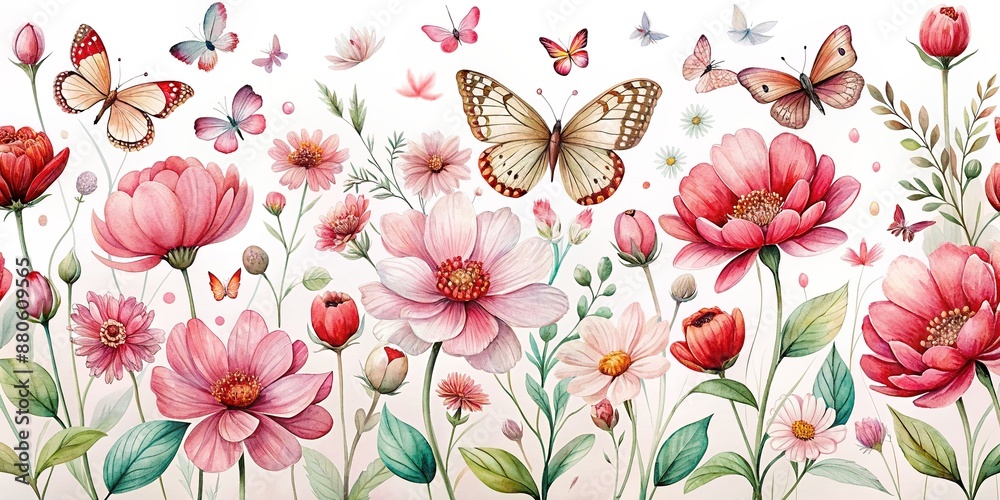Whimsical watercolor illustration of delicate red and pink flowers surrounded by playful butterflies, gently floating on a soft white background. Whimsical watercolor illustration of delicate red and pink flowers surrounded by playful butterflies, gently floating on a soft white background.