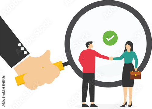 Woman holding a magnifying glass zooms in as two businessmen shake hands and agree to do business. Business transparency. Flat vector illustration.

