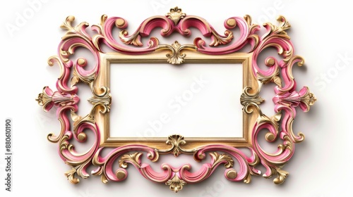 Pink and gold vintage picture frame featuring floral and acanthus leaf design elements is providing copy space on a white background photo