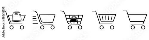 Set of linear icons of shopping cart and shopping cart. Trolley and grocery basket. Blank template. Vector illustration.