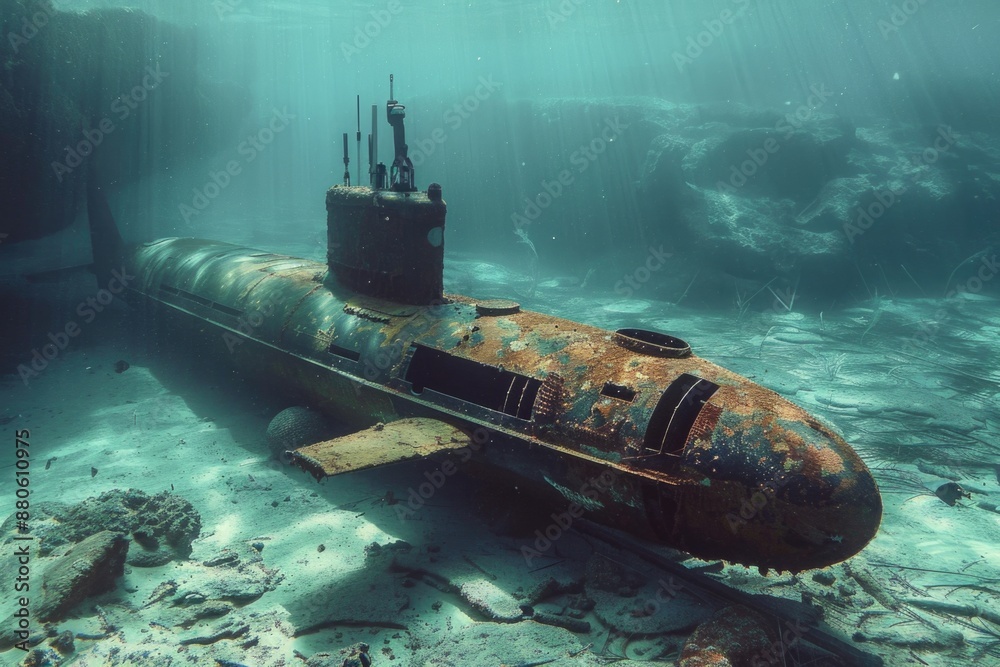 Submerged: Small Submarine Explores the Ocean Floor in Underwater Sea Exploration Scene Submerged: Small Submarine Explores the Ocean Floor in Underwater Sea Exploration Scene