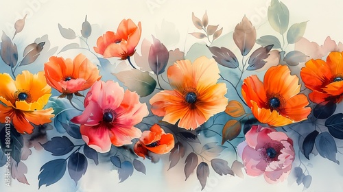 Watercolor painting of orange and pink flowers with delicate brushstrokes and subtle color variations, creating a lively and cheerful atmosphere