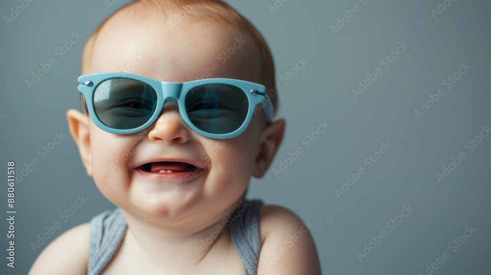 Adorable baby boy in blue sunglasses smiles happily against a vibrant blue background, radiating innocence and cheerfulness, capturing the essence of childhood Adorable baby boy in blue sunglasses smiles happily against a vibrant blue background, radiating innocence and cheerfulness, capturing the essence of childhood