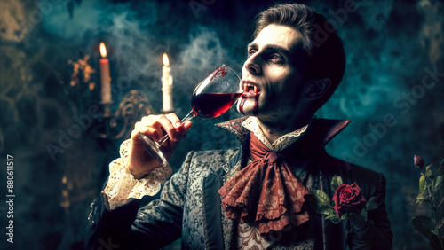 Halloween scene with vampire drinking blood from wine glass, capturing essence of horror and thrill