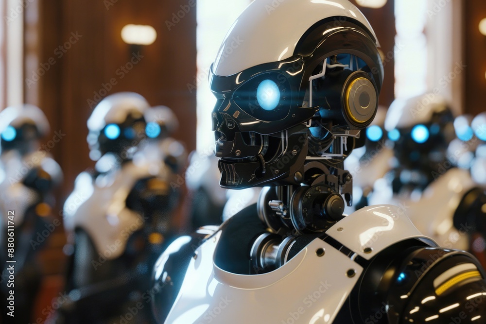 Group of robots standing in a room, modern technology concept Group of robots standing in a room, modern technology concept