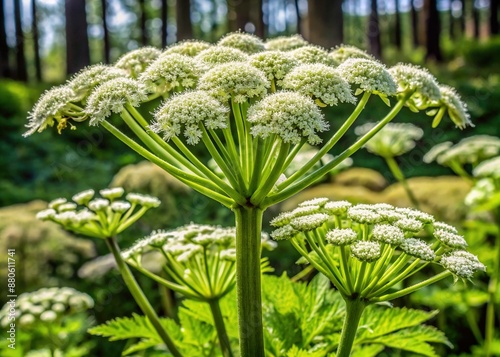 Delicate spring seedlings of noxious giant Hogweed Sosnowski grow in dense clusters, their innocent appearance belied by the caustic sap that causes severe burns and blisters. photo