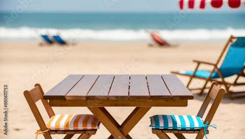 Fototapeta Naklejka Na Ścianę i Meble -  Empty wooden table on blurred beautiful summer beach background, Beautiful summer background, Summer vacation background concept
