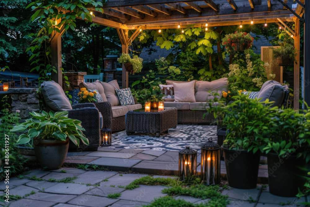 Fototapeta premium Comfortable backyard patio with pergola illuminated with string lights at dusk, featuring modern patio furniture and lush landscaping