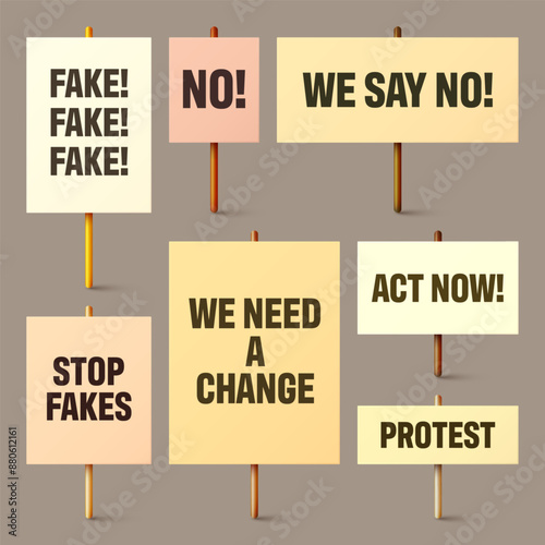 Colorful protest signs with slogan on wooden holder. Realistic vector demonstration banner. Strike action cardboard placard mockup