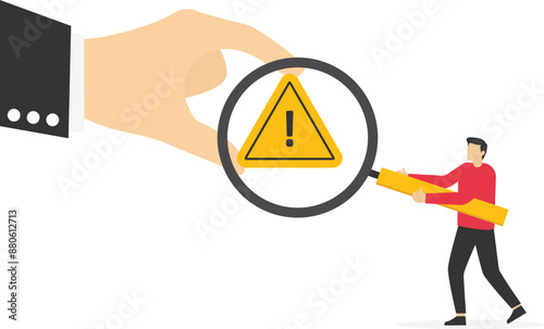 Woman with magnifying glass and investigate incident with exclamation attention sign. Flat vector illustration

