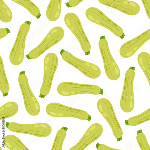Seamless pattern with zucchini in flat style on white background. Healthy food. Cartoon zucchini in flat style. Vegetable. Pattern for textile, wrapping paper, background.