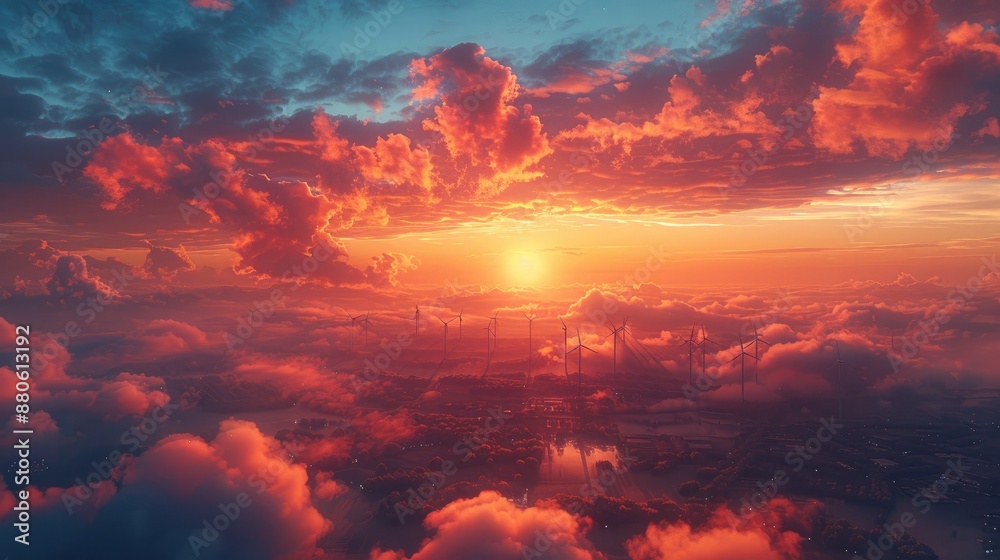 Renewable Energy and Environmental Themes: Aerial View of Wind Farm at Sunrise Renewable Energy and Environmental Themes: Aerial View of Wind Farm at Sunrise
