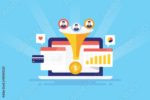 Digital sales funnel successful marketing strategy generates leads and conversion optimization process, Business revenue graph analytics vector illustration.