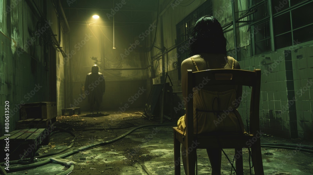 Suspenseful Abandoned Warehouse Scene with Tied Figure and Shadowy Antagonist. Suspenseful Abandoned Warehouse Scene with Tied Figure and Shadowy Antagonist.