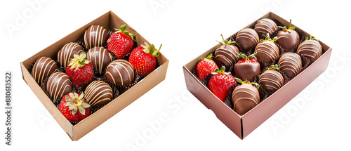 Chocolate-covered strawberries in a gift box on transparent background