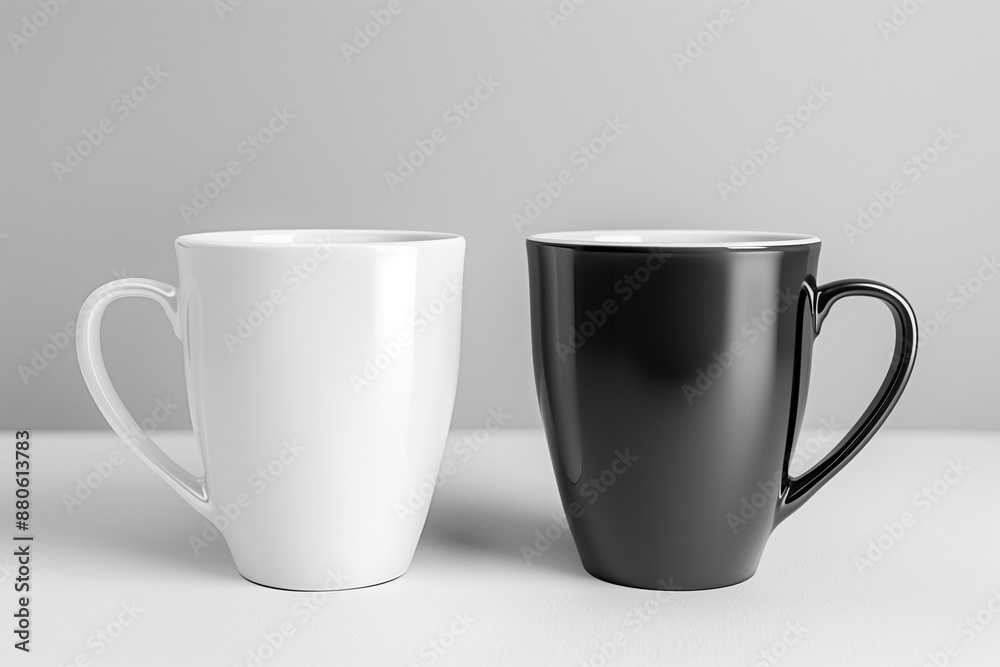 Black and white mugs mockup, isolated on grey background 