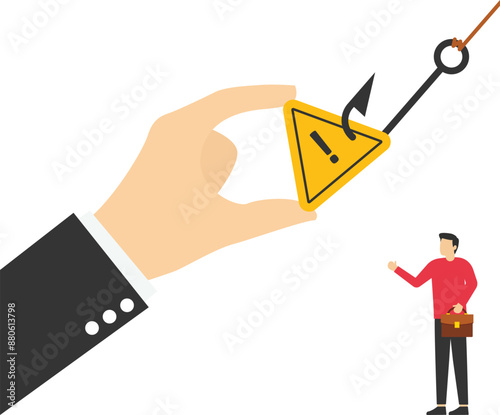Exclamation attention sign on fishing hook. Business failure. Modern vector illustration in flat style

