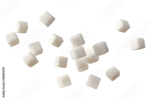White sugar cubes falling in mid-air on transparent background