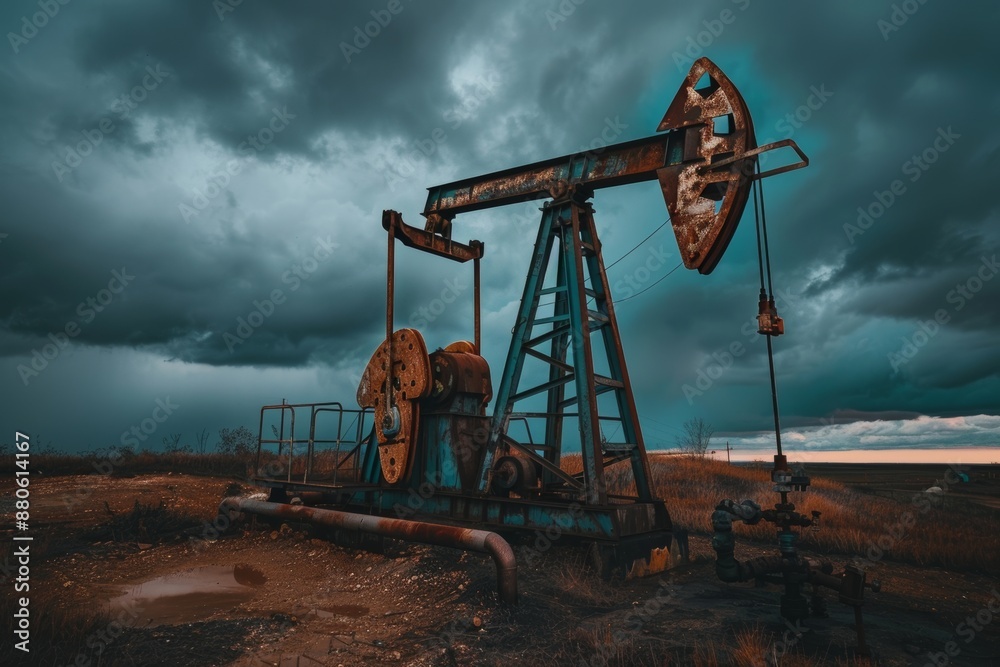 Dramatic scene of an oil pump jack under stormy skies in rural landscape Dramatic scene of an oil pump jack under stormy skies in rural landscape