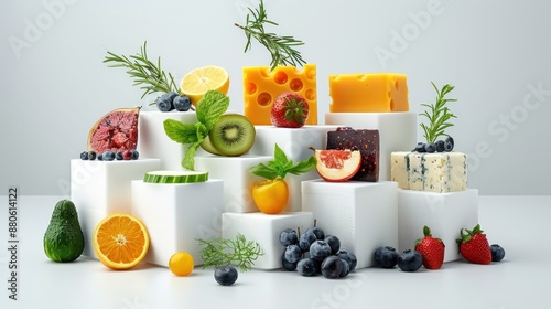 A Colorful Still Life of Fruits, Cheese, and Herbs