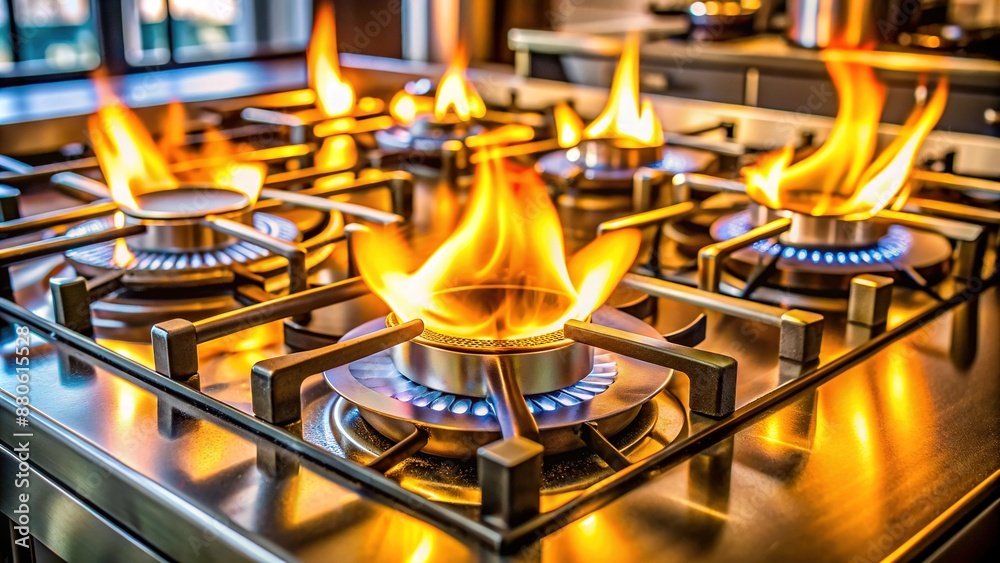 Flames erupt from a burner on a modern kitchen gas stove, illuminating the surrounding countertops and cooktop with a warm, golden, fiery glow. Flames erupt from a burner on a modern kitchen gas stove, illuminating the surrounding countertops and cooktop with a warm, golden, fiery glow.