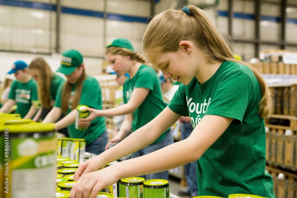 A team of young volunteers meticulously arranges canned goods in a warehouse to support a community food drive, in celebration of International Youth Day.