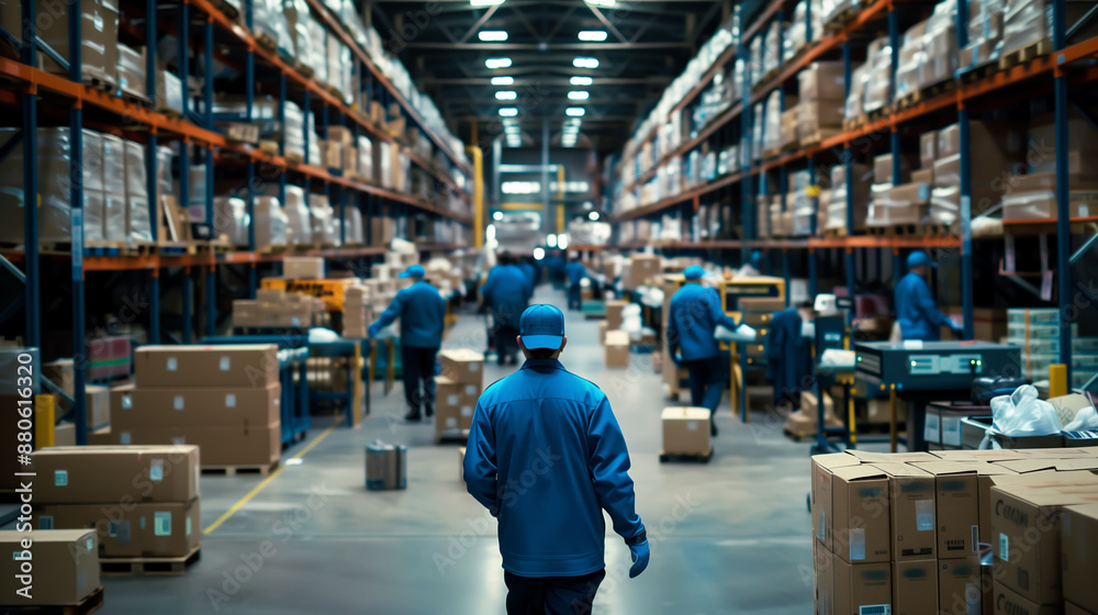 Large warehouse with employees moving and boxes stacking on carts. Large warehouse with employees moving and boxes stacking on carts.