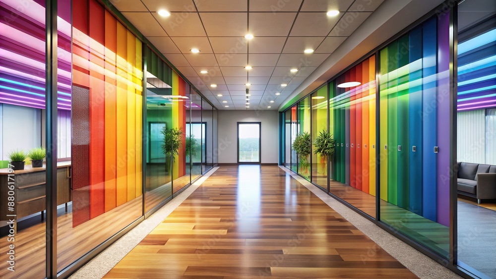 Vibrant rainbow-colored windows line a modern office hallway, adorned with a bold gender equality and pride wallpaper, surrounded by sleek, minimalist interior design. Vibrant rainbow-colored windows line a modern office hallway, adorned with a bold gender equality and pride wallpaper, surrounded by sleek, minimalist interior design.