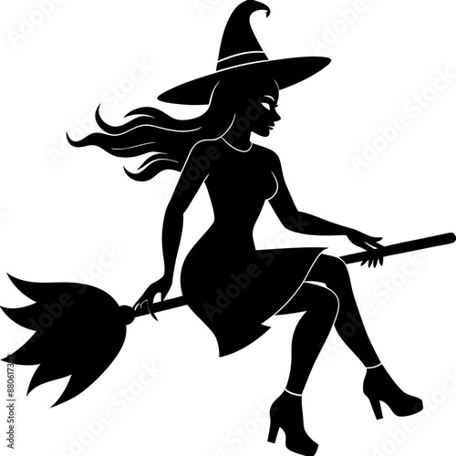Silhouettes witches flying on a broomstick