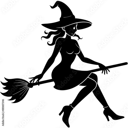 Silhouettes witches flying on a broomstick