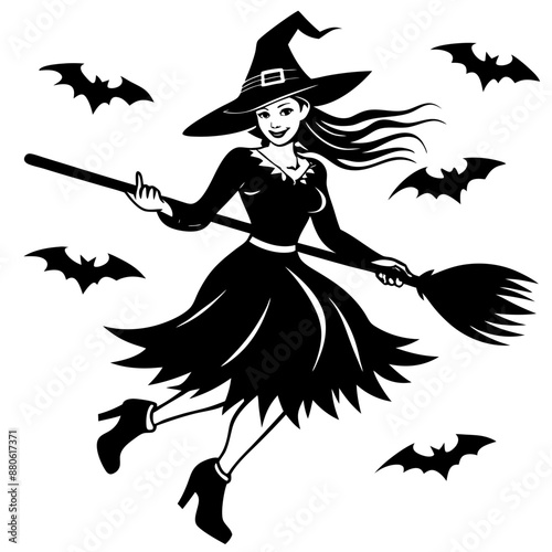 Silhouettes witches flying on a broomstick