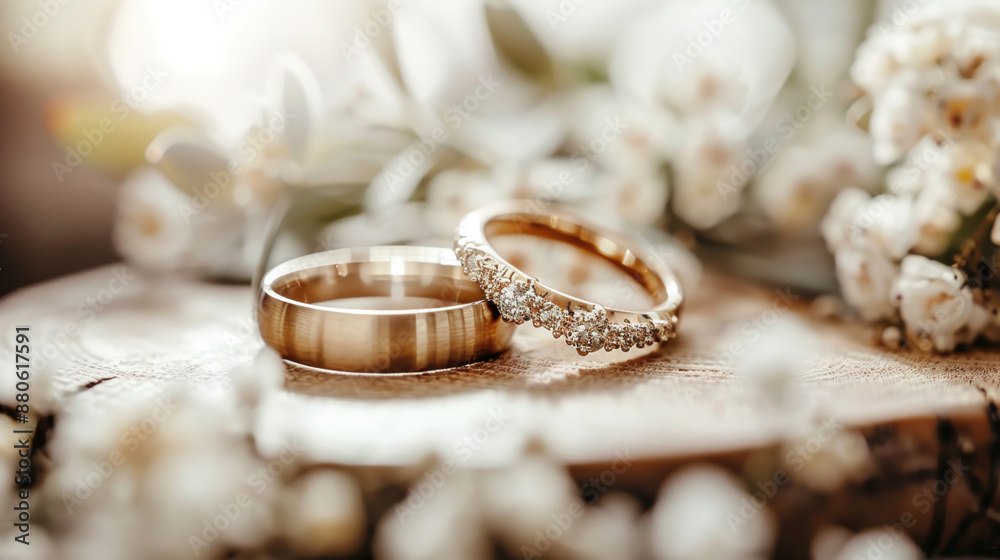 Two classic gold rings, defocused background light surface surrounded flowers. Wedding composition Two classic gold rings, defocused background light surface surrounded flowers. Wedding composition