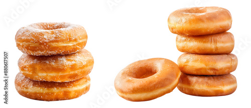 Stack of freshly baked donuts, golden brown and fluffy on transparent background