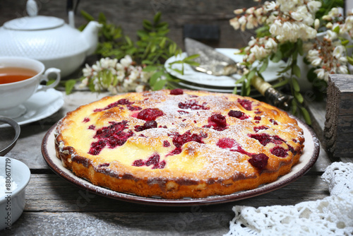 Italian dessert. Raspberry sour cream topping pie and cup of tea