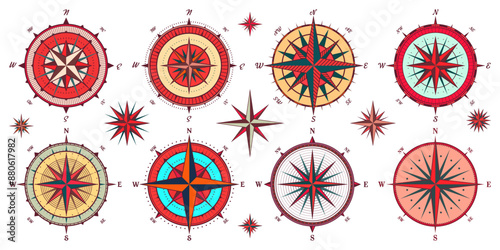 Vintage marine wind rose, nautical chart. Colorful navigational compass with cardinal directions of North, East, South, West. Geographical position, cartography and navigation. Vector illustration