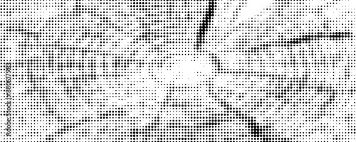 Black Halftone Texture On White Background. Modern Dotted Futuristic Backdrop. Fade Noise Overlay. Wide horizontal long banner for site. Pop Art Style. Vector Illustration,