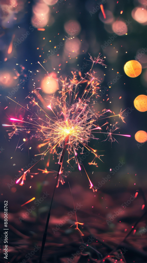 Fototapeta premium Sparkler glowing among bokeh lights in night scene