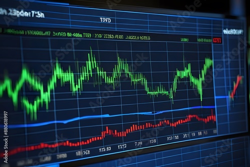 A focused view of a stock market chart highlighting an uptrend through candlestick formations on a blue monitor.