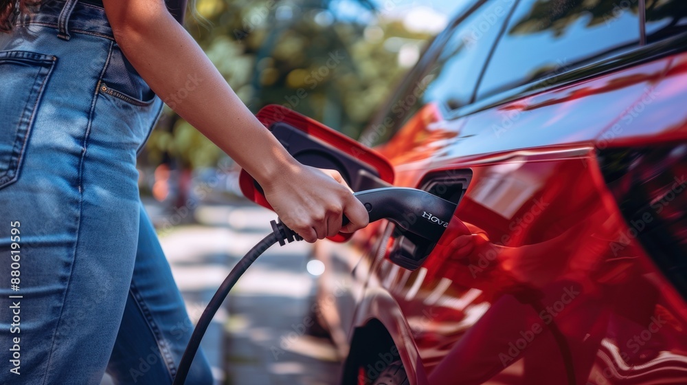 Woman Plugging in Electric Car Charging Station Woman Plugging in Electric Car Charging Station