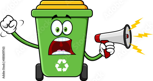 Angry Green Recycle Trash Bin Cartoon Character Screaming Into Megaphone. Vector Hand Drawn Illustration Isolated On Transparent Background