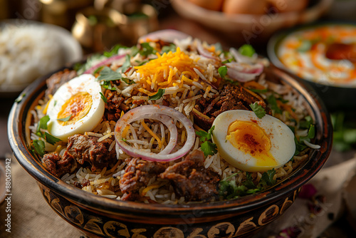 A luxurious plate of Kacchi Biryani, a traditional Bangladeshi delicacy, featuring layers of fragrant basmati rice cooked with tender pieces of marinated mutton, saffron, and aromatic spices photo