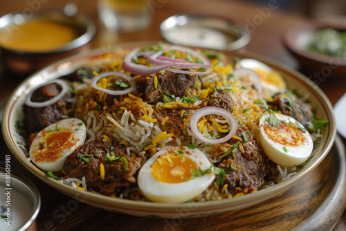 A luxurious plate of Kacchi Biryani, a traditional Bangladeshi delicacy, featuring layers of fragrant basmati rice cooked with tender pieces of marinated mutton, saffron, and aromatic spices photo