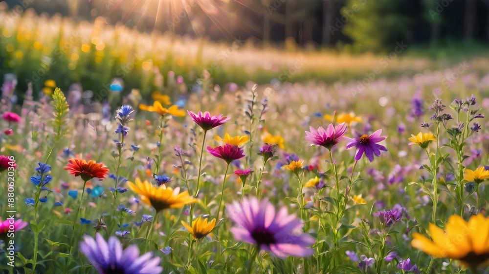 Fototapeta premium Artifical Intelligence generated vivid colorful floral landscape scenery. Floral background in nature on the mountains. AI generated image